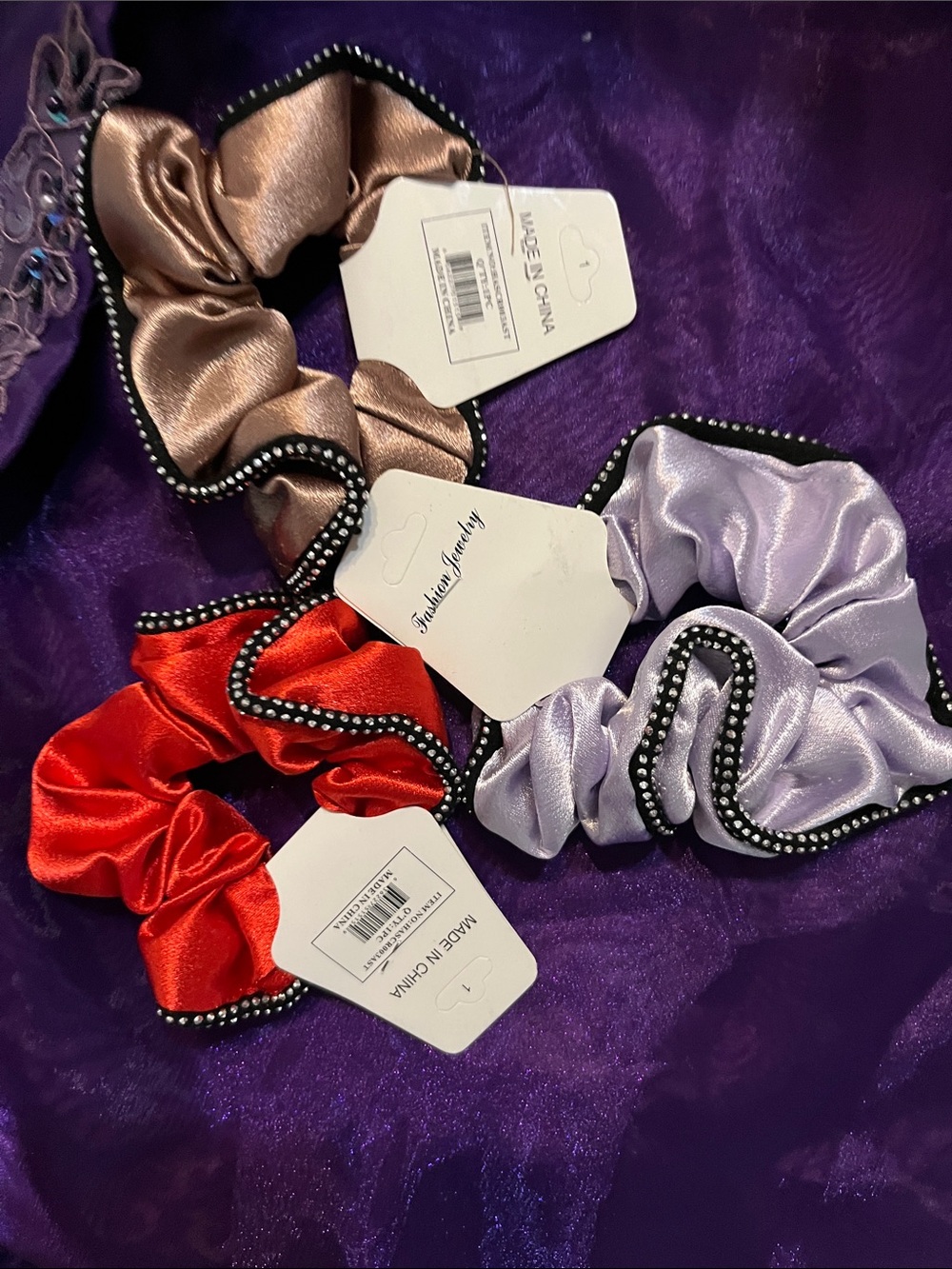 Fashion Jewelry Satin Scrunchie Set in Red, Lilac, and Beige with Beaded Trim